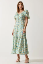 Happiness İstanbul Women's Beige Blue Patterned Balloon Sleeve Summer Viscose Dress