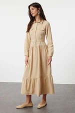 Trendyol Beige Belted Woven Cotton Shirt Dress