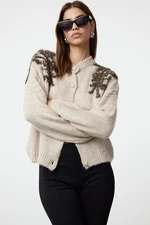 Trendyol Beige Soft Textured Shiny Glitter Embroidered Knitwear Cardigan