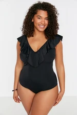 Trendyol Curve Black Deep V-Neck Flounce Throw Lined Swimsuit