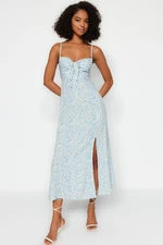 Trendyol Blue Floral Print Straight Cut Tie Detailed Strappy Woven Dress