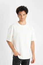 DEFACTO Men's White Relax Fit Casual Cut Crew Neck Cotton Short Sleeve Basic T-Shirt