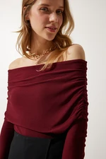 Happiness İstanbul Women's Burgundy Off-Shoulder Gathered Detailed Blouse