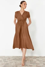 Trendyol Brown V-neck Midi Woven Dress with Opened Waist