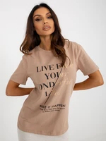 Women's dark beige cotton T-shirt with inscriptions