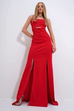 Trend Alaçatı Stili Women's Red Adjustable Strap Out Cut Slit Graduation Dress