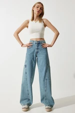 Happiness İstanbul Women's Blue Wide Leg Cargo Jeans