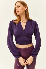 Olalook Women's Purple Deep Low-cut Waist Banded Crop Blouse