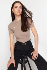 Trendyol Mink Button Detailed Ribbed Fitted/Fitted Stretch Knitted Blouse