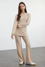 Trendyol Beige Soft Long Sleeve Crew Neck Blouse and Trousers Flexible Knitted Top-Bottom Set