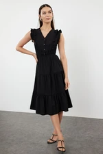 Trendyol Black Plain Midi Skater Form Ruffle Detailed Woven Dress