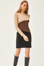 Olalook Women's Stone Brown Black Color Block Raised Mini Dress