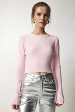 Happiness İstanbul Women's Light Pink Ribbed Crop Knitwear Sweater