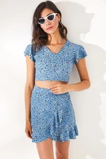 Olalook Women's Indigo Floral Skirt, Wrapped Top and Bottom Set