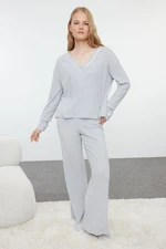 Trendyol Grey Melange Piping Detailed Ribbed Knitted Pajama Set