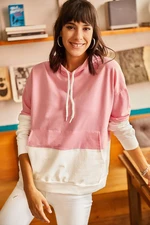 Olalook Women's Pink Contrast Asymmetric Hooded Sweatshirt