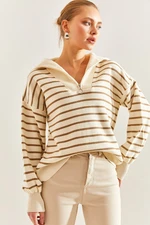 Bianco Lucci Women's Striped Zipper Knitwear Sweater