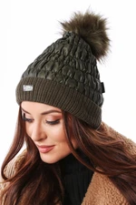 Winter hat made of nylon with a pompom, dark green