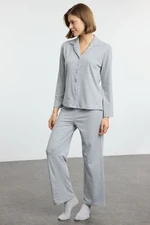 Trendyol Gray Melange Striped Soft Touch Piping Viscose Knitted Pajama Set