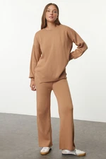 Trendyol Camel Wide Pattern Balloon Sleeve Knitwear Bottom-Top Set