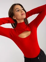 Basic red turtleneck blouse with a cut-out