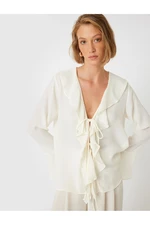 Koton Front Tie Ruffle Shirt Long Wide Sleeve V Neck