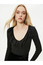 Koton Knitwear Sweater V Neck Lace Ribbed - Handmade Collection