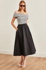 Olalook Women's Black Pocketed Elastic Waist Midi Woven Bell Skirt