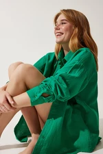 Happiness İstanbul Women's Green Pocket Oversize Muslin Shirt