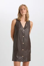 DEFACTO A-Line V-Neck Basic Plain Button Faux Leather Sleeveless Mini Dress