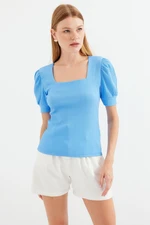 Bigdart 0409 Square Neck Knitted Blouse - Blue