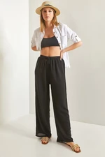 Bianco Lucci Women's Waist Belted Wide Leg Viscose Trousers Black