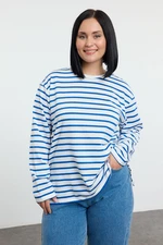 Trendyol Curve White Crew Neck Striped Knitted Sweatshirt