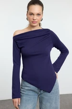 Trendyol Navy Blue Draped Boat Neck Asymmetric Flexible Knitted Blouse