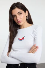 Trendyol White Embroidered Premium Viscose Crew Neck Crop Flexible Knitted Blouse