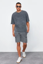 Trendyol Anthracite Oversize/Wide Cut 100% Cotton T-shirt with Stitching Detail and Faded Effect