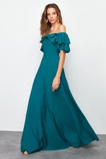 Trendyol Emerald Green A-Cut Flounce Woven Long Evening Dress