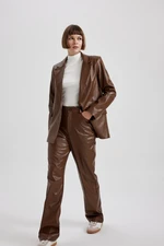 DEFACTO Straight Fit Pocketed High Waist Straight Leg Faux Leather Trousers