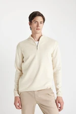 DEFACTO Men's Beige Standard Fit Regular Cut Bato Collar Zippered Ethnic Patterned Sweater