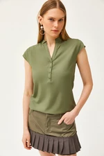 Olalook Women's Khaki V-Neck 4-Button Viscose Blouse