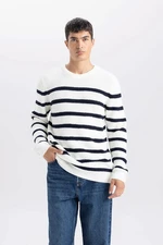 DEFACTO Men's Ecru Standard Fit Regular Cut Crew Neck Striped Knitwear Sweater