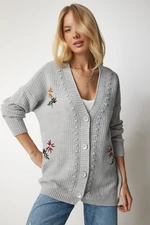 Happiness İstanbul Women's Gray Floral Embroidered Textured Knitwear Cardigan