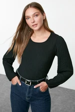 Trendyol Black Textured Regular/Normal Pattern Long Sleeve Flexible Knitted Blouse