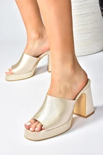 Fox Shoes Beige Satin Fabric Women's Thick Heeled Slippers