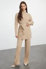 Trendyol Dark Beige Corded Knitwear Sweater Trousers Bottom-Top Set