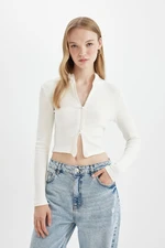 DEFACTO Fitted Stand Collar Basic Plain Zippered Ribbed Camisole Crop White Cardigan