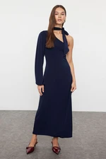 Trendyol Navy Blue Plain Scarf Detailed Fitted Flexible Knitted Dress