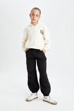 DEFACTO Girls Cotton Black Parachute Trousers with Elastic Waist and Leg Pockets