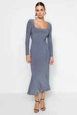 Trendyol Dark Grey Flounce Square Neck Fitted/Slide Maxi Stretch kötött ruha