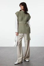 Trendyol Green Wide Fit Wool Belted Knitwear Sweater